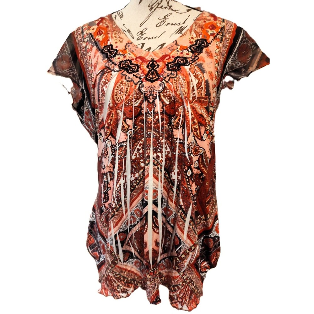 Apt. 9 Flutter Short Sleeve Pleated Bohemian Blouse w Embroidered Neckline Sz M